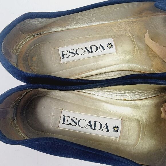 Escada Midnight Blue Signature 'E'  Velour Moccasin Loafers Size 11 - Picture 5 of 10